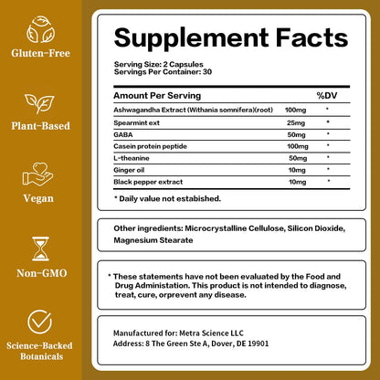 HOPE LIFE Herbal Mood & Sleep Support - Contains Ashwagandha, Spearmint Ext, GABA, Casein Protein Peptide, L-Theanine, Ginger Oil, Black Pepper Extract - Non-GMO, Soy-Free & Gluten-Free, 60 Capsules