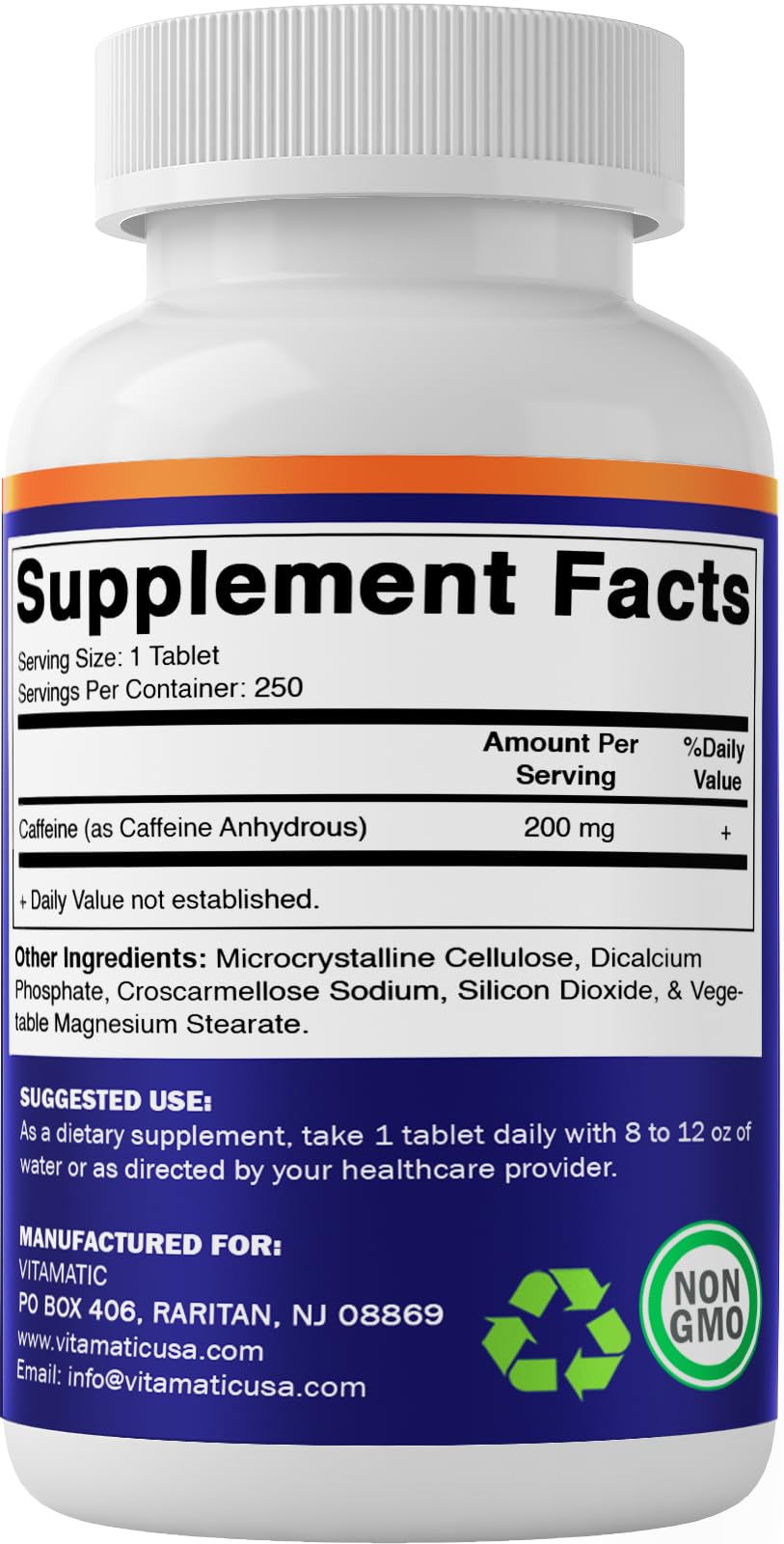 Vitamatic Caffeine Pills 200mg per Serving, 250 Vegetarian Tablets