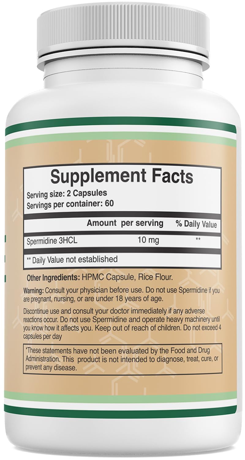 Spermidine Supplement (10mg of 99% Spermidine 3HCL - Third Party Tested) 120 Capsules - Over 100x More Potent Than Wheat Germ Extract for Cell Membrane, Telomere Health and Aging by Double Wood