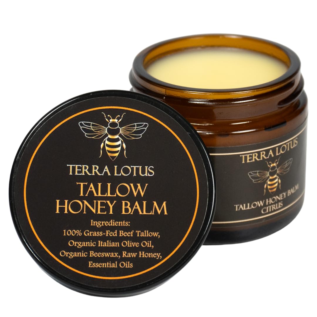 Terra Lotus - Organic Grass-Fed Beef Tallow Balm with Raw Honey - Moisturizing Cream for Soft, Smooth Skin - Handmade All-Natural Moisturizer (2 Oz, Citrus)