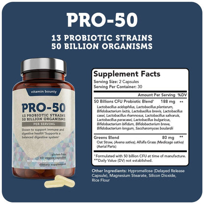 Vitamin Bounty Pro-50 Probiotics 50 Billion CFU for Women & Men - 13 Multi Strain Probiotic + Prebiotic - Digestive Health Supplements for Gut Health Support - Delayed Release Capsules for Men & Women