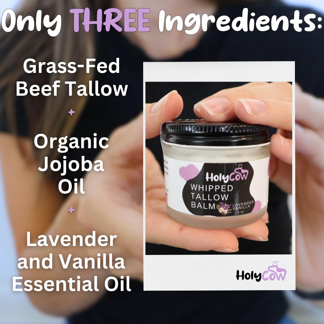 HolyCow Beef Tallow For Skin - Whipped Tallow Balm with Organic Jojoba Oil, Grass Fed Beef Tallow Face Moisturizer for Eczema, Baby, Lip Balm - Lotion For Extremely Dry Skin (Lavender Vanilla)