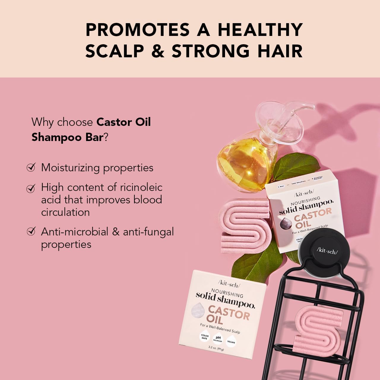 Kitsch Castor Oil Shampoo Bar & Coconut Oil Conditioner Bar – Nourishing Shampoo and Conditioner Set for Dry, Damaged Hair – Strengthening Hair Care, Hydrating & Deep-Moisturizing - 2pc set