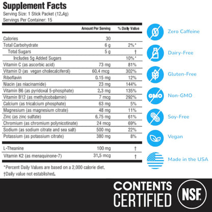 Hyburst Electrolyte & Vitamin Supplement Powder, Drink Mix with B12, L-Theanine, D3, K2, Zinc, Magnesium, Potassium, Supports Calm Focus & Energy, Blue Raspberry, 15 Pack