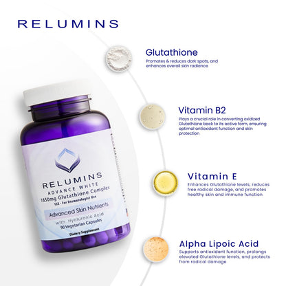 Relumins L-Glutathione Complex 1650mg - Antioxidant Support with Alpha Lipoic Acid, NAC, L-Methionine, Vitamin E - Halal & cGMP Certified, Skin Health Supplement - 90 Vegetarian Capsules
