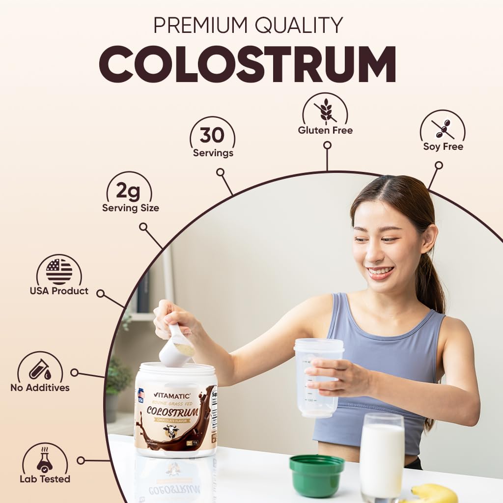 Vitamatic Bovine Colostrum Powder - Supplement for Gut Health, Hair Growth, Beauty, Muscle Recovery, & Immune Support - Easy to Mix - 30 Servings (30 Servings, Chocolate)