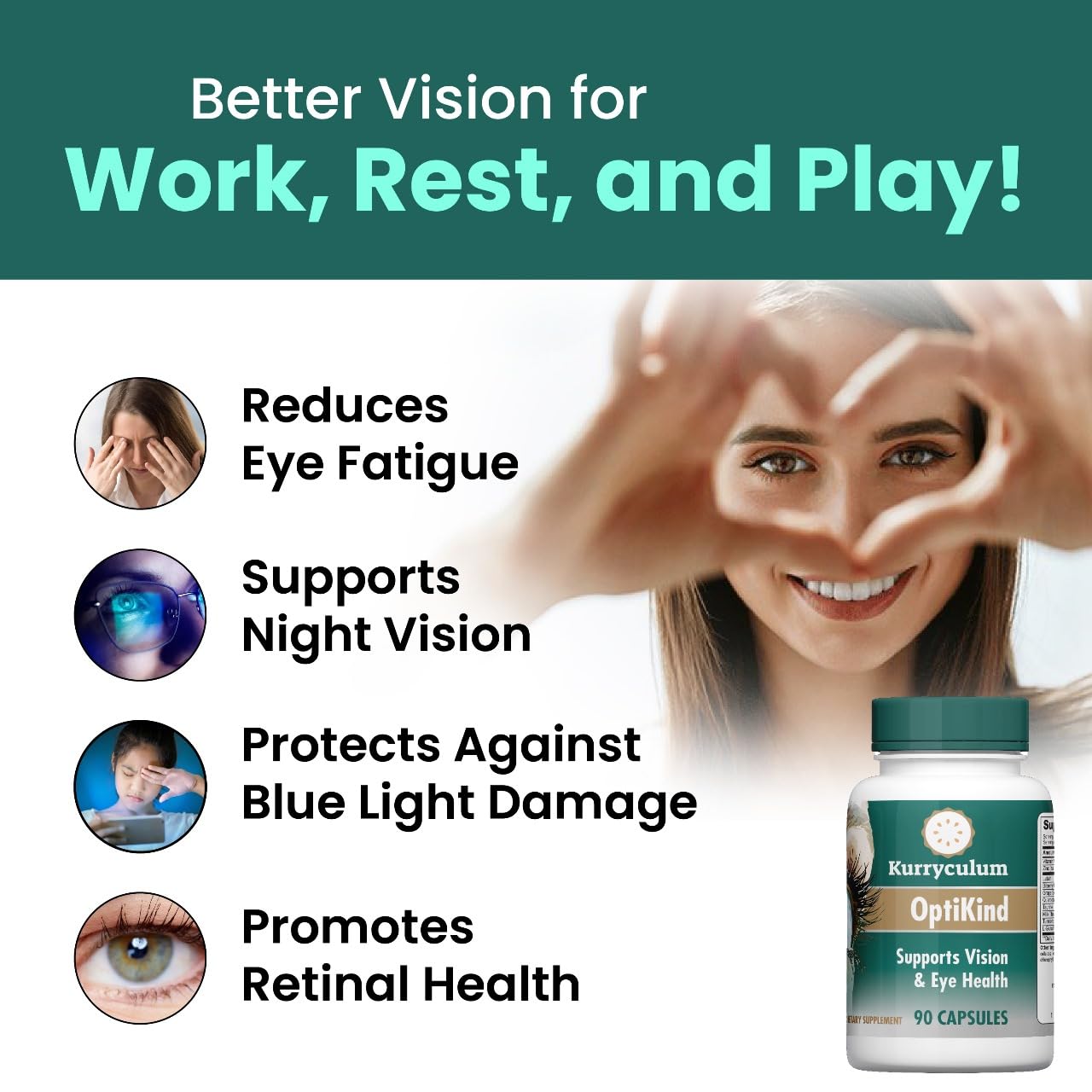 Kurryculum OptiKind Vision Support Supplement, 90 Capsules, Eye Health Formula with Lutein and Glutathione