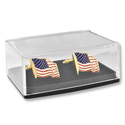 PinMart's Gold Made in the USA American Flag Enamel Lapel Pin and Cufflink Patriotic 2 Pc Bundle Set