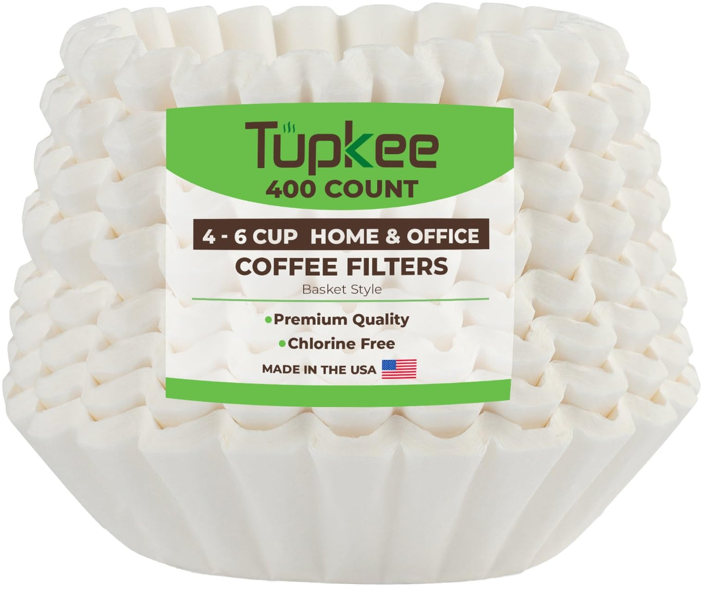 Tupkee Coffee Filters 4-6 Cups - 400 Count, Junior Basket Style, White Paper, Chlorine Free 5 Cup Coffee Filter, Made in the USA