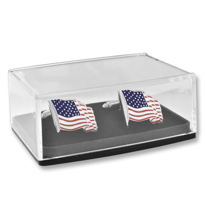 PinMart's Silver Made in the USA American Flag Enamel Lapel Pin & Cufflink Patriotic 2 Pc Bundle set