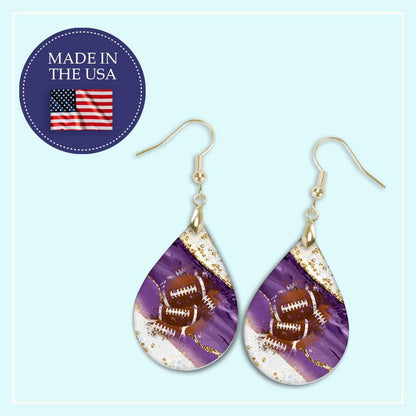 Purple White Gold Football Earrings Dangle Teardrop MDF Wood Sports School Team Spirit Fan Jewelry Gift for Women Mother's Day Handmade by The Painted Pug (Purple White Gold)