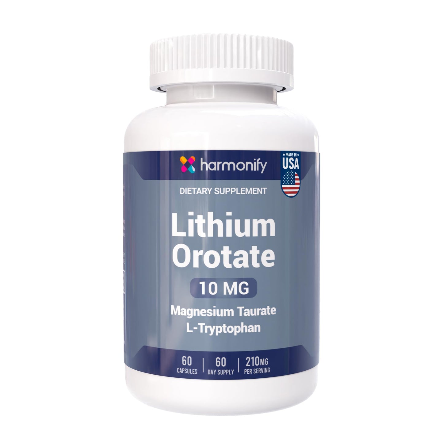HARMONIFY Lithium Orotate 10mg with Magnesium Taurate & L-Tryptophan – Non-GMO, Gluten-Free, Vegan Friendly Lithium Supplement for Wellness – 60 Capsules