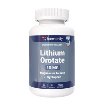 HARMONIFY Lithium Orotate 10mg with Magnesium Taurate & L-Tryptophan – Non-GMO, Gluten-Free, Vegan Friendly Lithium Supplement for Wellness – 60 Capsules