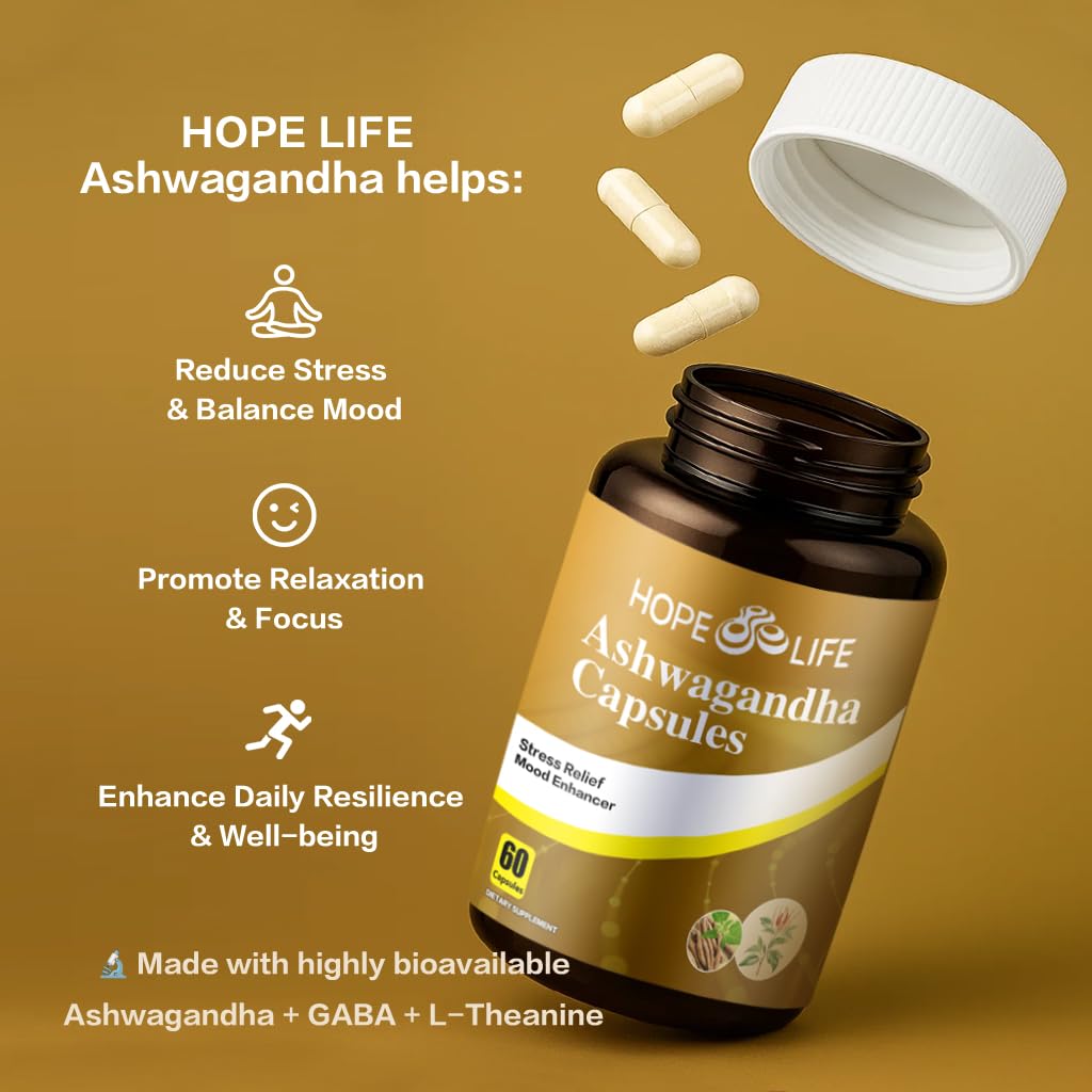 HOPE LIFE Herbal Mood & Sleep Support - Contains Ashwagandha, Spearmint Ext, GABA, Casein Protein Peptide, L-Theanine, Ginger Oil, Black Pepper Extract - Non-GMO, Soy-Free & Gluten-Free, 60 Capsules