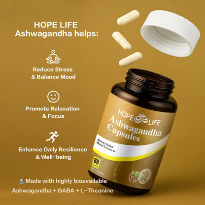 HOPE LIFE Herbal Mood & Sleep Support - Contains Ashwagandha, Spearmint Ext, GABA, Casein Protein Peptide, L-Theanine, Ginger Oil, Black Pepper Extract - Non-GMO, Soy-Free & Gluten-Free, 60 Capsules