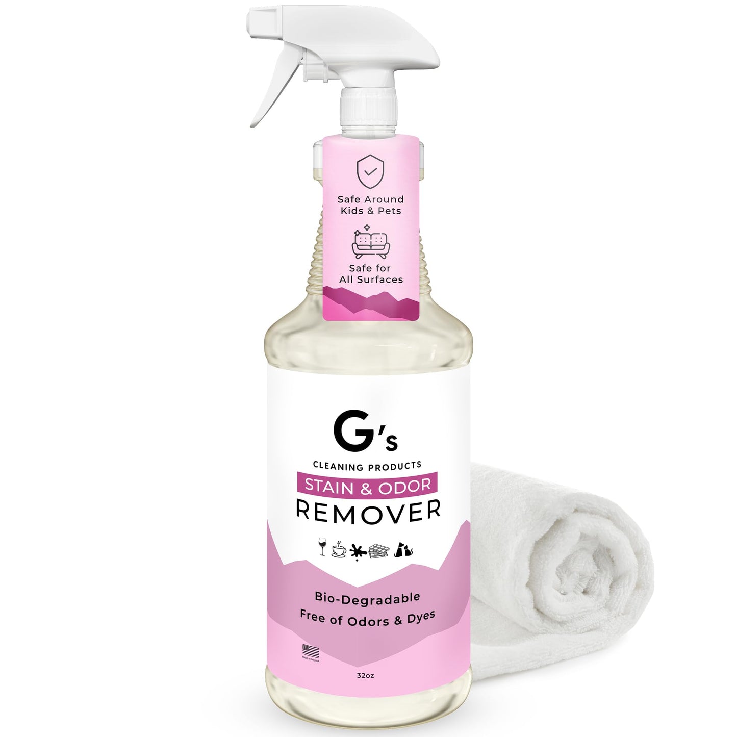 G's Cleaning Biodegradable Stain & Odor Remover Spray – 32 oz Pet Urine Enzyme Cleaner – Pet Odor Eliminator for Home – Cat & Dog Pee Carpet Cleaner – Stain Remover for Rug, Floor, Furniture, Mattress