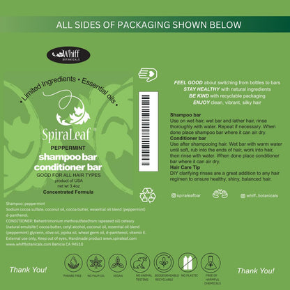 SPIRALEAF Solid Shampoo Bar & Conditioner Bar Set, PEPPERMINT Essential Oil, Limited Ingredients, Concentrated Formula, Fragrance-Free, Dye-Free, Premium Hair Care and Shave Bars