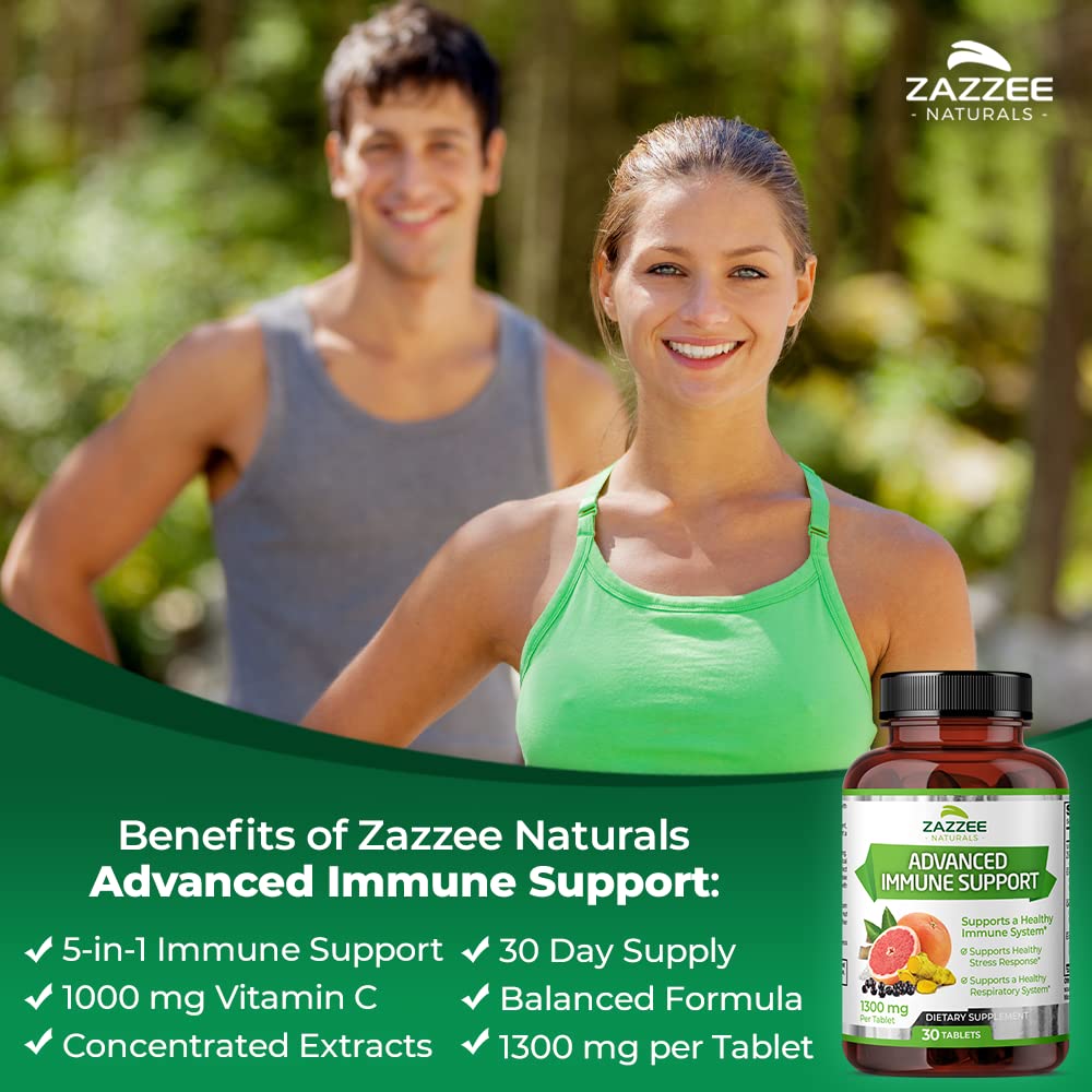 Zazzee Advanced Immune Support, 1300 mg per Tablet, 30 Vegan Tablets, 30 Day Supply, 1000 mg Vitamin C, 1000 mg Echinacea, 1000 mg Elderberry, 200 mg Goldenseal, Zinc, All-Natural and Non-GMO