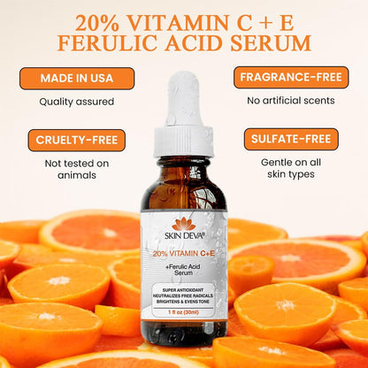 SKIN DEVA 20% Vitamin C Serum for Face with Vitamin E Plus Ferulic Acid Skincare Water Based 1 fl oz 30 ML Rejuvenates Skin to Fresh & Neutralizes Free Radicals to Brighten Even Vitamin Serum
