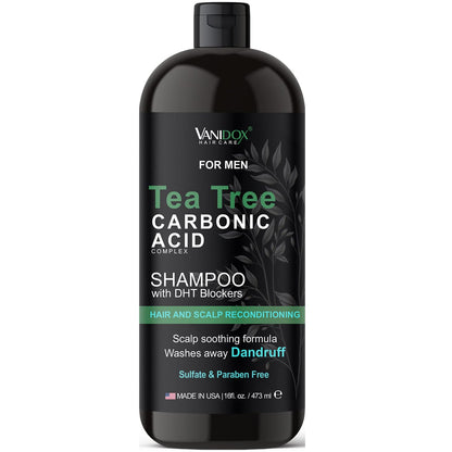Vanidox Tea Tree Shampoo with Organic Tea Tree Oil and Carbonic Acid - For Men's Itchy and Dry Scalp, Fights Hair Loss, Stimulates Growth - With DHT Blockers (16 FL Oz)