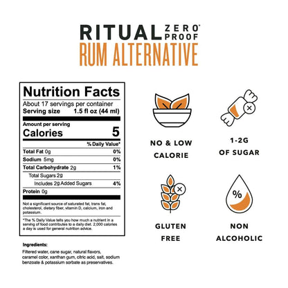 RITUAL ZERO PROOF Rum Alternative | Award-Winning Non-Alcoholic Spirit | 25.4 Fl Oz (750ml) | Only 5 Calories | Sustainably Made in USA | Make Alcohol Free Cocktails