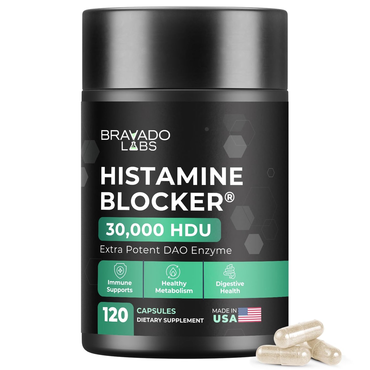 Bravado Labs DAO Supplements Histamine Blocker – Extra Potent 30,000 HDU DAO Enzyme Formula for Histamine Digest & Immune Support – for Food-Related Histamine Intolerance - Daily Use - 120 caps.