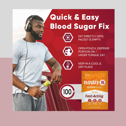 Elovate 15 Fast-Acting Glucose Powder – Quick-Dissolving Energy Packets with 15g Pure Glucose – Orange Flavor, Gluten-Free, Easy-to-Carry Slimpaks (6 Count)