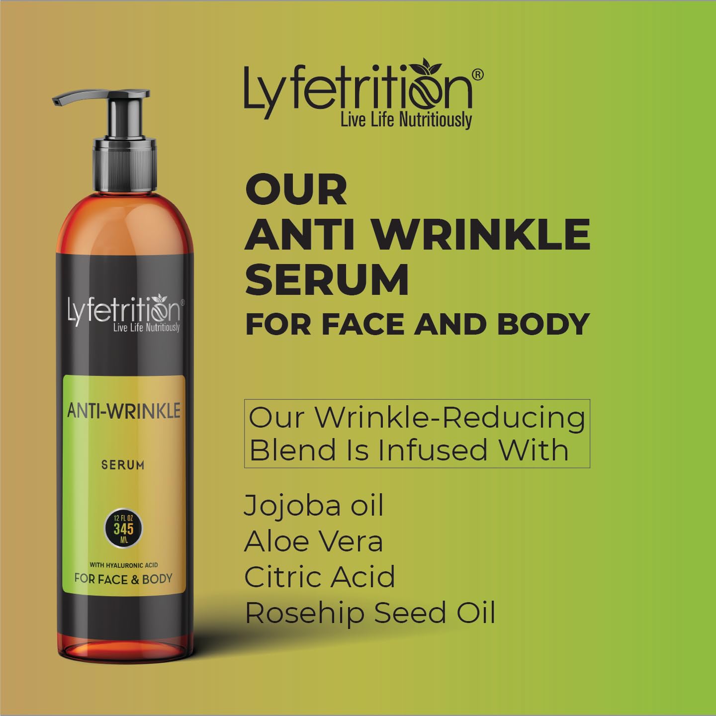 Lyfetrition Anti-Wrinkle Serum | 12 Oz Large Bottle | Anti-Aging Face Serum With Jojoba Oil, Rosehip Seed Oil & Many More Natural Ingredients - Moisturizing Cleanser for Fair & Younger Looking Skin