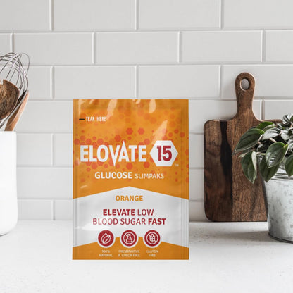 Elovate 15 Fast-Acting Glucose Powder – Quick-Dissolving Energy Packets with 15g Pure Glucose – Orange Flavor, Gluten-Free, Easy-to-Carry Slimpaks (6 Count)
