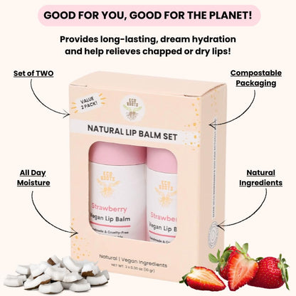 Strawberry Scented Lip Balm 2 Pack - Vegan and Organic Lip Moisturizer - Cruelty-Free, Eco-Friendly - Made in USA with Compostable Packaging - Artfully Crafted Lip Balm Set