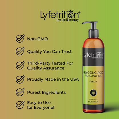 Lyfetrition Glycolic Acid/AHA 30% Renewal Serum, infused with Vitamins C & E for Skin Brightening, Exfoliating Serum Works for Dark Spots, Acne, and Reduces Fine Lines & Wrinkles - (12 Fl Oz)