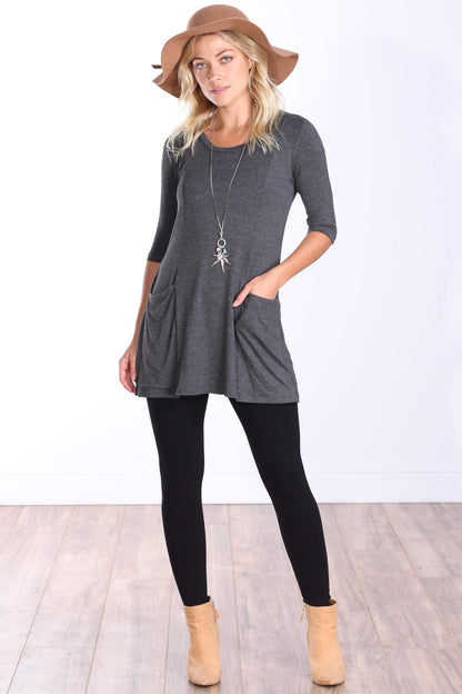 Popana Womens 3/4 Sleeve Tunic Top With Pockets for Leggings Made In USA Charcoal