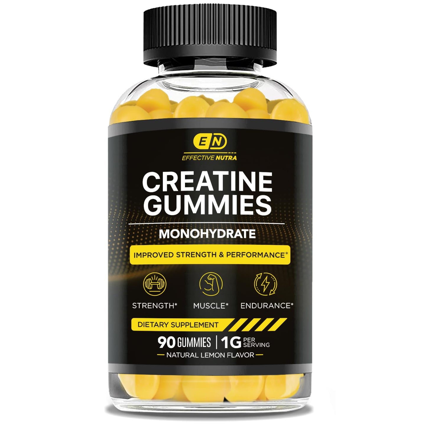 EFFECTIVE NUTRA Creatine Monohydrate Gummies | 1g Per Gummy | Vegan Creatine Gummies Supplement for Men & Women | Strength, Muscle Growth, Energy, Endurance | Natural Lemon Flavor, Made in USA (90ct)