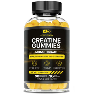 EFFECTIVE NUTRA Creatine Monohydrate Gummies | 1g Per Gummy | Vegan Creatine Gummies Supplement for Men & Women | Strength, Muscle Growth, Energy, Endurance | Natural Lemon Flavor, Made in USA (90ct)