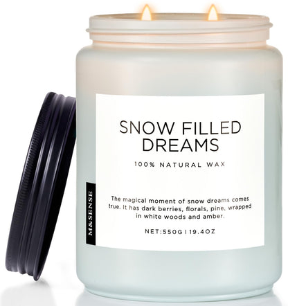 M&SENSE Snow Filled Dreams - Jasmine & Pine Large Scented Candles, 19.4oz 110 Hour Clean Non Toxic Long Lasting Candle Organic Natural Soy Wax Candle Gifts for Women Men