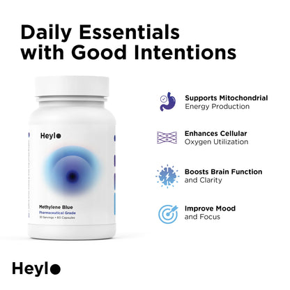 Heylo Methylene Blue Capsules - Pharmaceutical USP Grade Quality | Third Party Tested | Boosts Memory, Focus, Clarity, Energy | Supports Cellular & Mitochondrial Function, Made in USA, 30mg