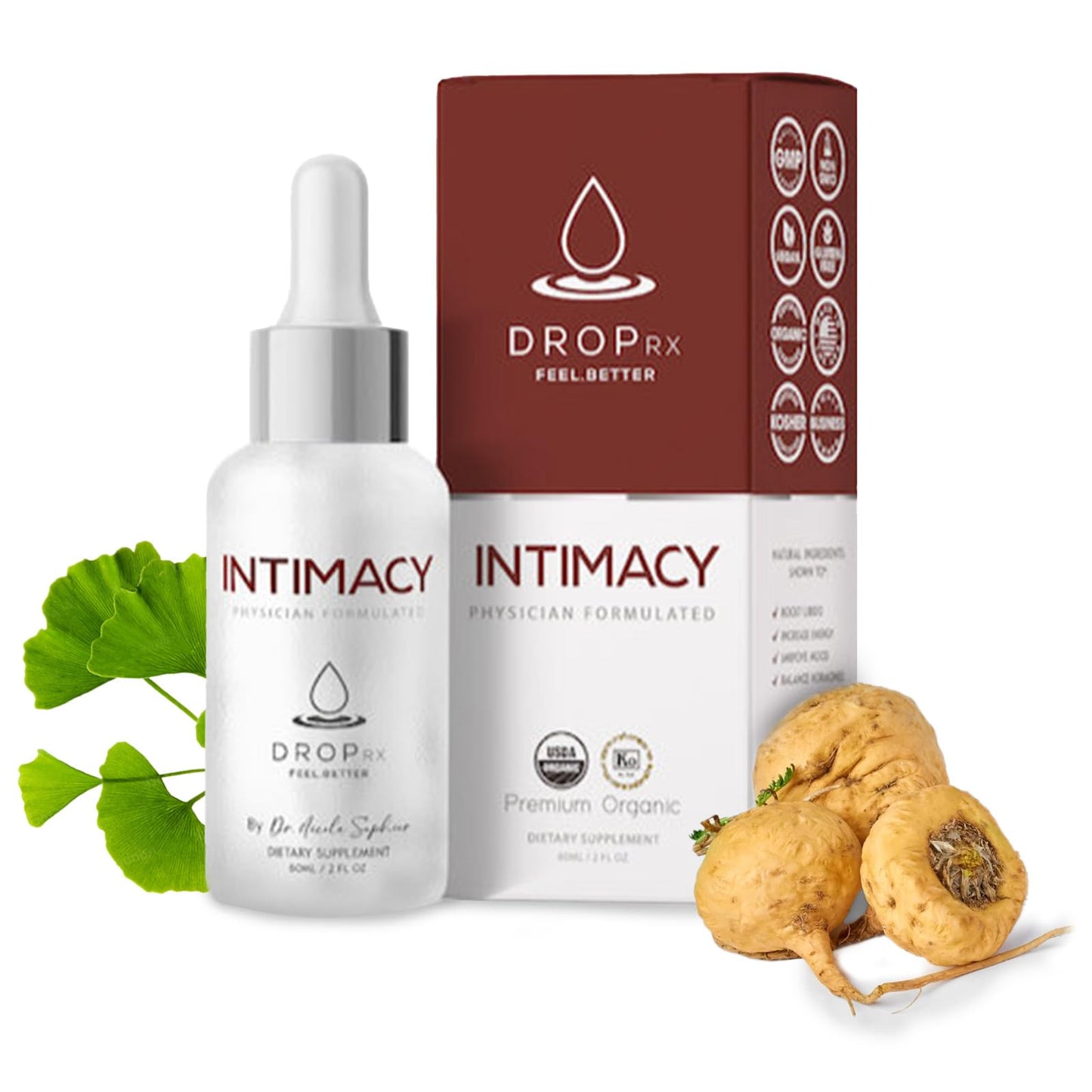 Drop Rx Intimacy by Dr. Nicole Saphier – Organic Maca Root, Ginkgo Biloba & Tribulus Terrestris, Liquid Supplement for Support, Non-GMO, Vegan, Gluten-Free, Kosher, Made in USA (2 Fl Oz)