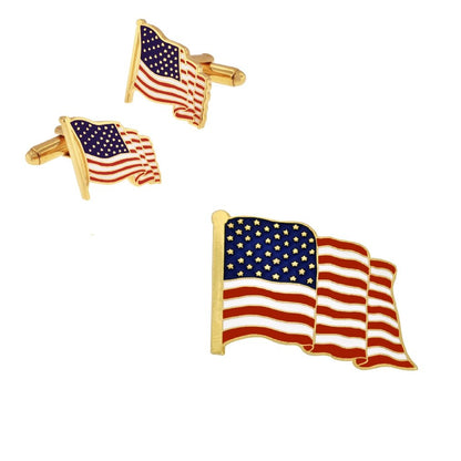 PinMart's Gold Made in the USA American Flag Enamel Lapel Pin and Cufflink Patriotic 2 Pc Bundle Set