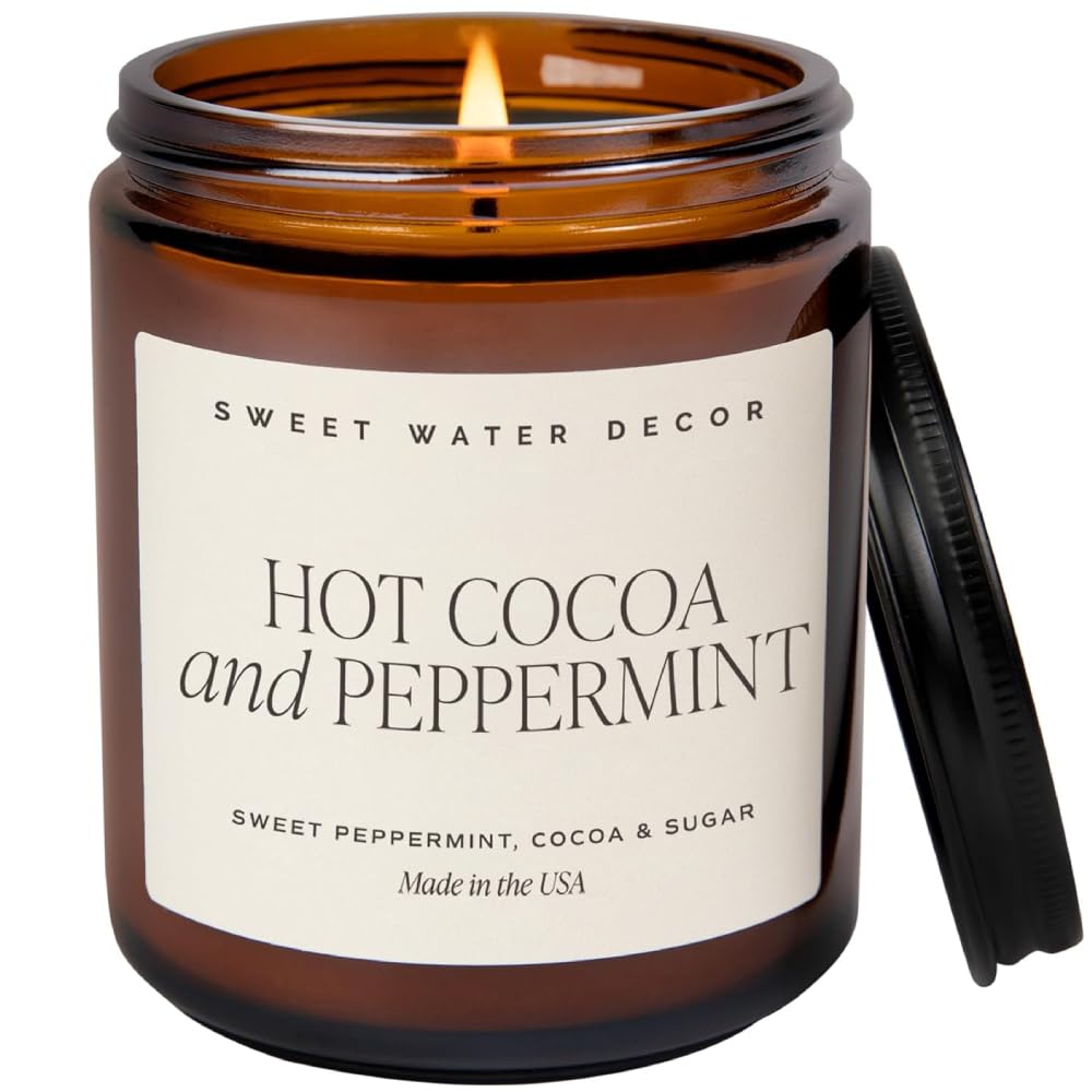 Sweet Water Decor Hot Cocoa and Peppermint Soy Candle | Chocolate, Peppermint, and Vanilla Holiday Scented Candles for Home | 9oz Amber Jar Candle with Black Lid, 40+ Hour Burn Time, Made in The USA