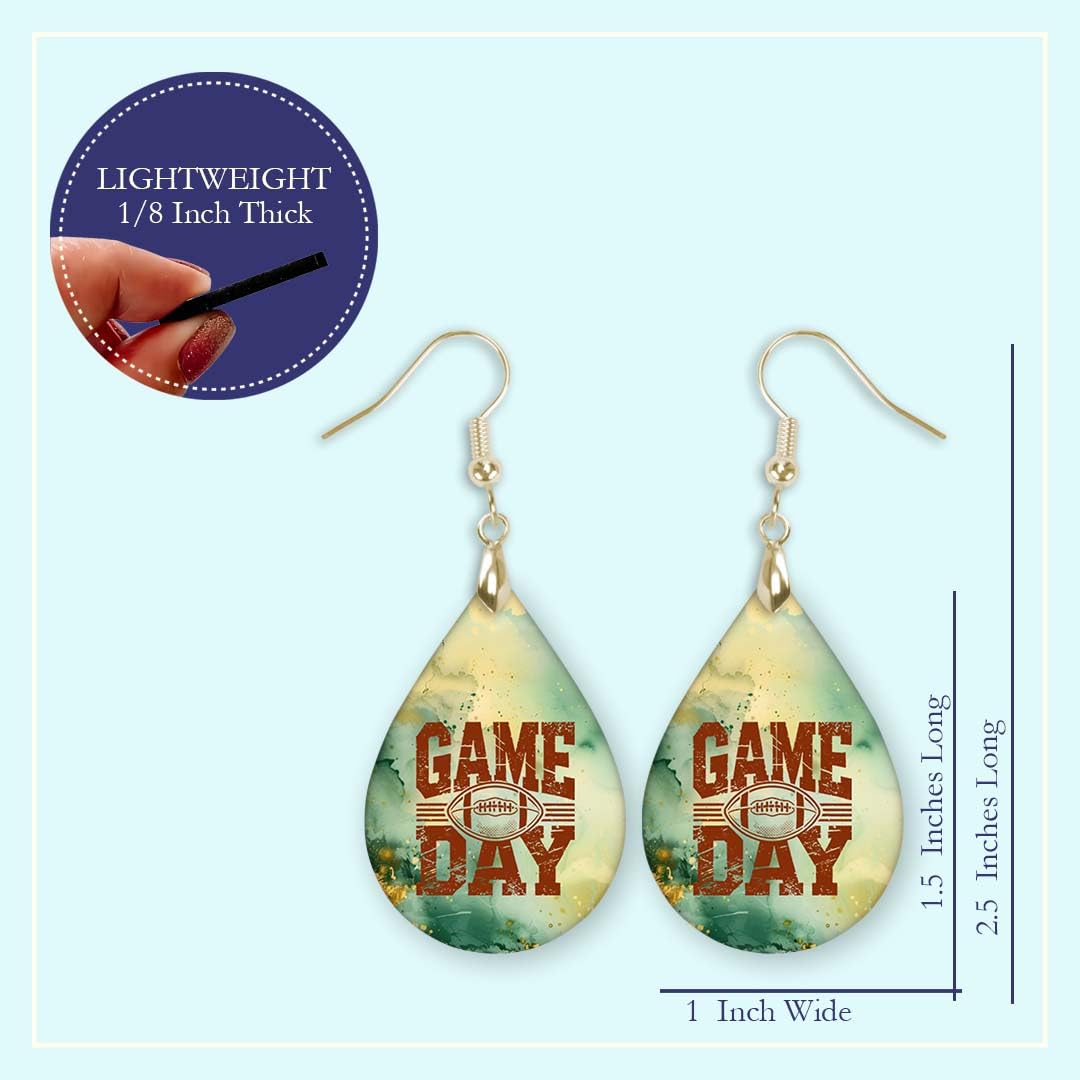 Football Gameday Earrings Green Gold Dangle Dangling Teardrop 2.25 Inches Long Lightweight Double-Sided Design Handmade by The Painted Pug