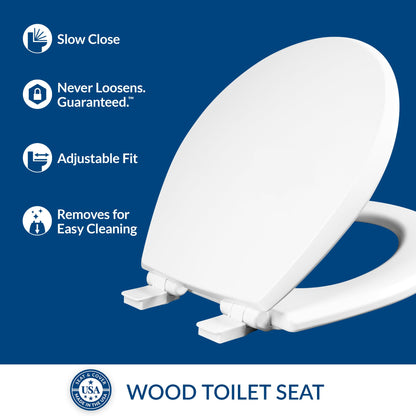 Mayfair Cassel Slow Close Toilet Seat, Easy Clean, Non Slip Premium Wood Seat, Easy Install, Made in USA, Round, White