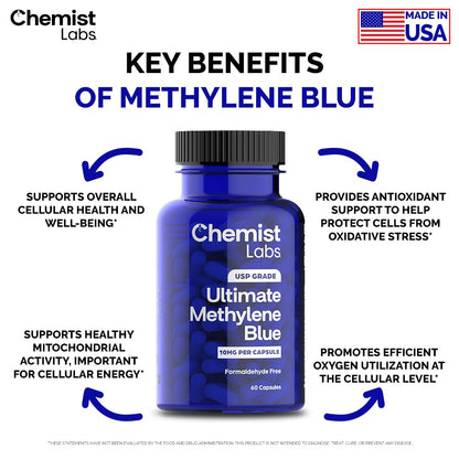 Chemist Labs Methylene Blue Capsules for Humans - USP Grade 99% Purity, Methylene Blue Pharmaceutical Grade, Third Party Tested, Supports Cellular & Mitochondrial Function, Made in USA, 60 Count
