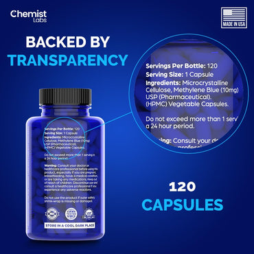 Chemist Labs Methylene Blue | 10mg USP Grade Capsules | 120 Count | Pharmaceutical Grade | Cellular & Mitochondrial Support | Formaldehyde Free | Made in USA (120 Capsules)