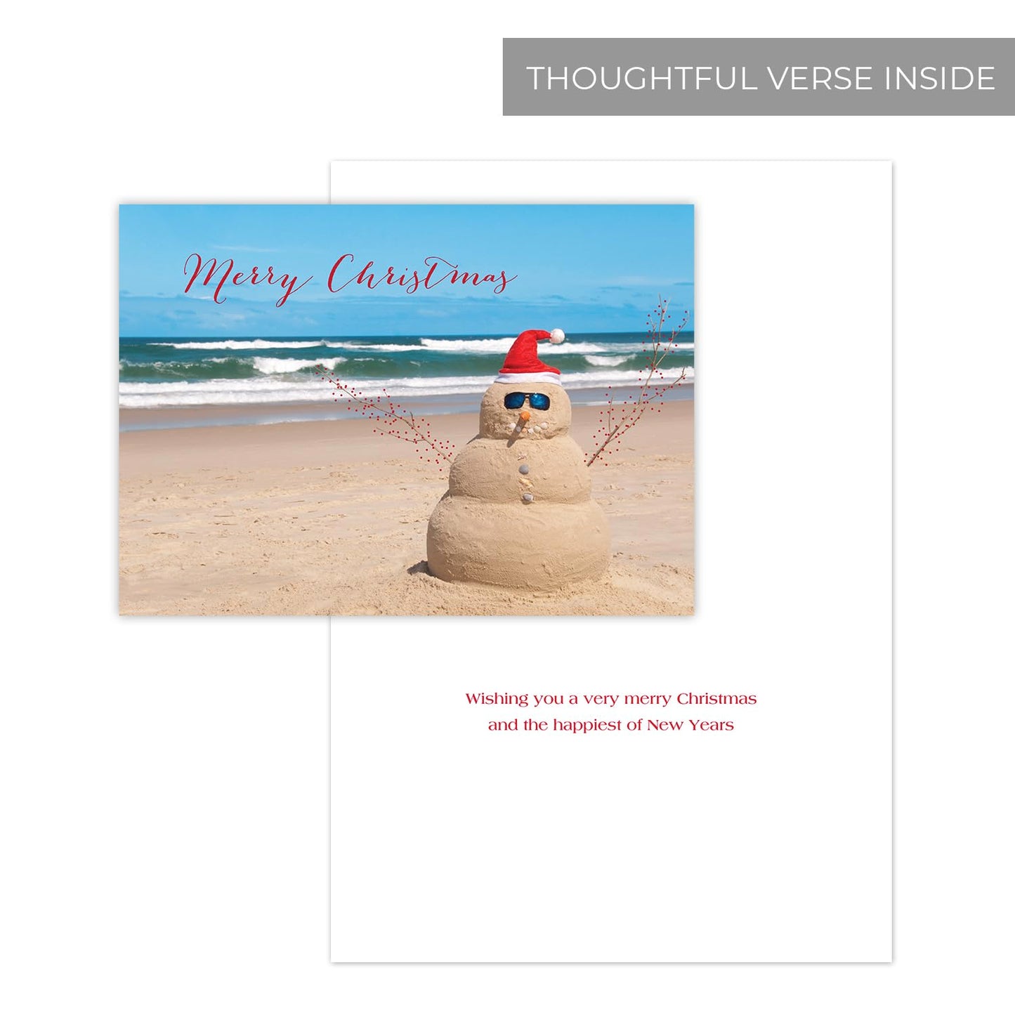 Canopy Street Masterpiece Beach Snowman Cards / 16 Merry Christmas Holiday Card Set With White Envelopes / 5 5/8" x 7 7/8" Winter Greeting Cards With Meaningful Inside Verse