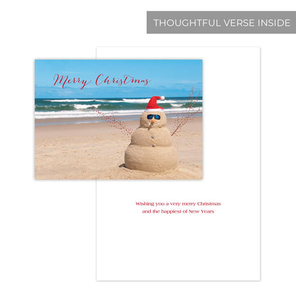 Canopy Street Masterpiece Beach Snowman Cards / 16 Merry Christmas Holiday Card Set With White Envelopes / 5 5/8" x 7 7/8" Winter Greeting Cards With Meaningful Inside Verse