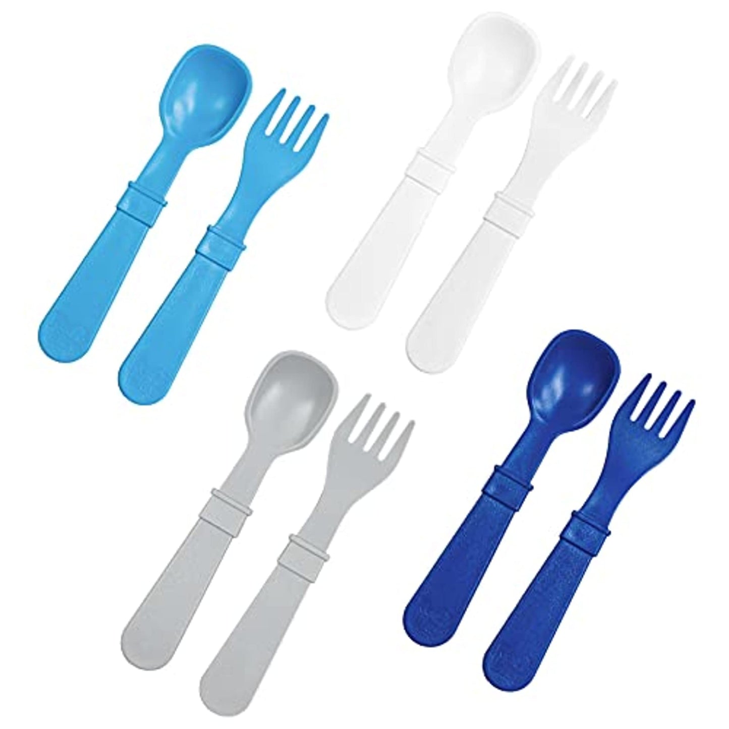 Re-Play Toddler Forks and Spoons Set - 4x4 Toddler Utensils Set - Dishwasher and Microwave Safe - Made in USA - Pack of 8-5.8" x 1.2" x 0.2" - Modern Blue