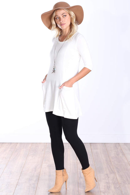 Popana Womens 3/4 Sleeve Tunic Top With Pockets for Leggings Made In USA Pearl
