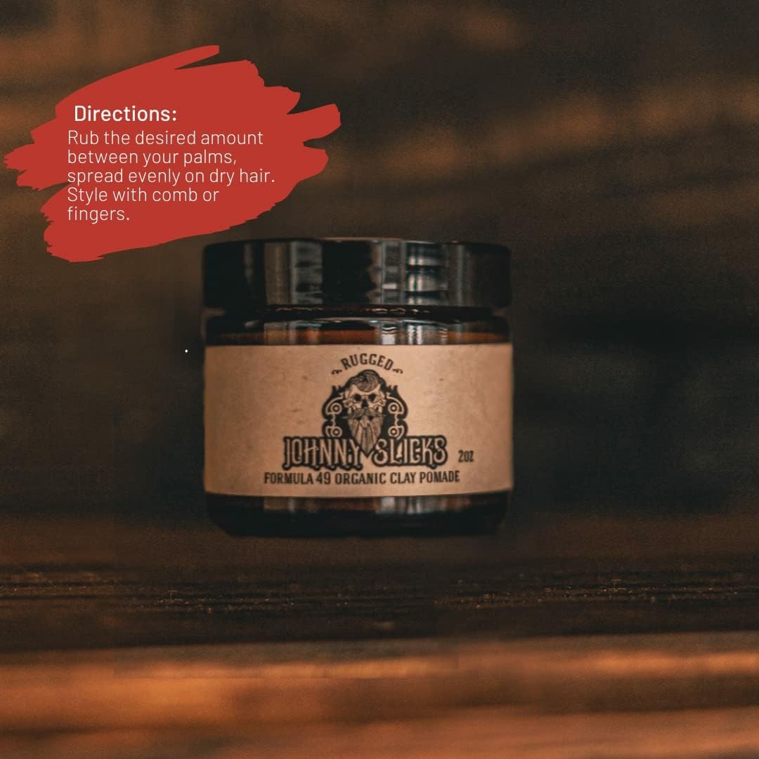 Johnny Slicks Formula 49 Clay All Organic Pomade | Firm Hold & Matte Finish (Promotes Healthy Hair Growth, Helps Hydrate Dry Skin), Rugged 2-ounce