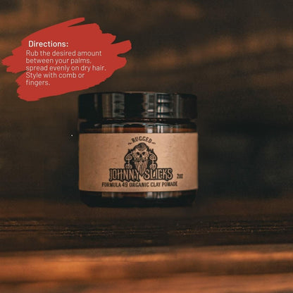Johnny Slicks Formula 49 Clay All Organic Pomade | Firm Hold & Matte Finish (Promotes Healthy Hair Growth, Helps Hydrate Dry Skin), Rugged 2-ounce