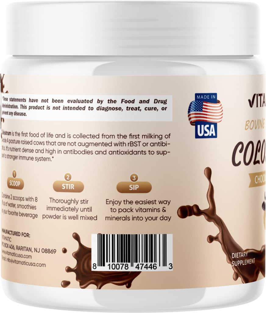 Vitamatic Bovine Colostrum Powder - Supplement for Gut Health, Hair Growth, Beauty, Muscle Recovery, & Immune Support - Easy to Mix - 30 Servings (30 Servings, Chocolate)